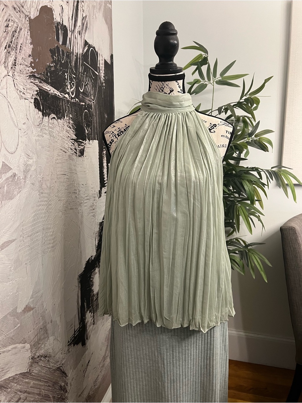 Zara Pleated High-Neck Halter Top in Light Sage